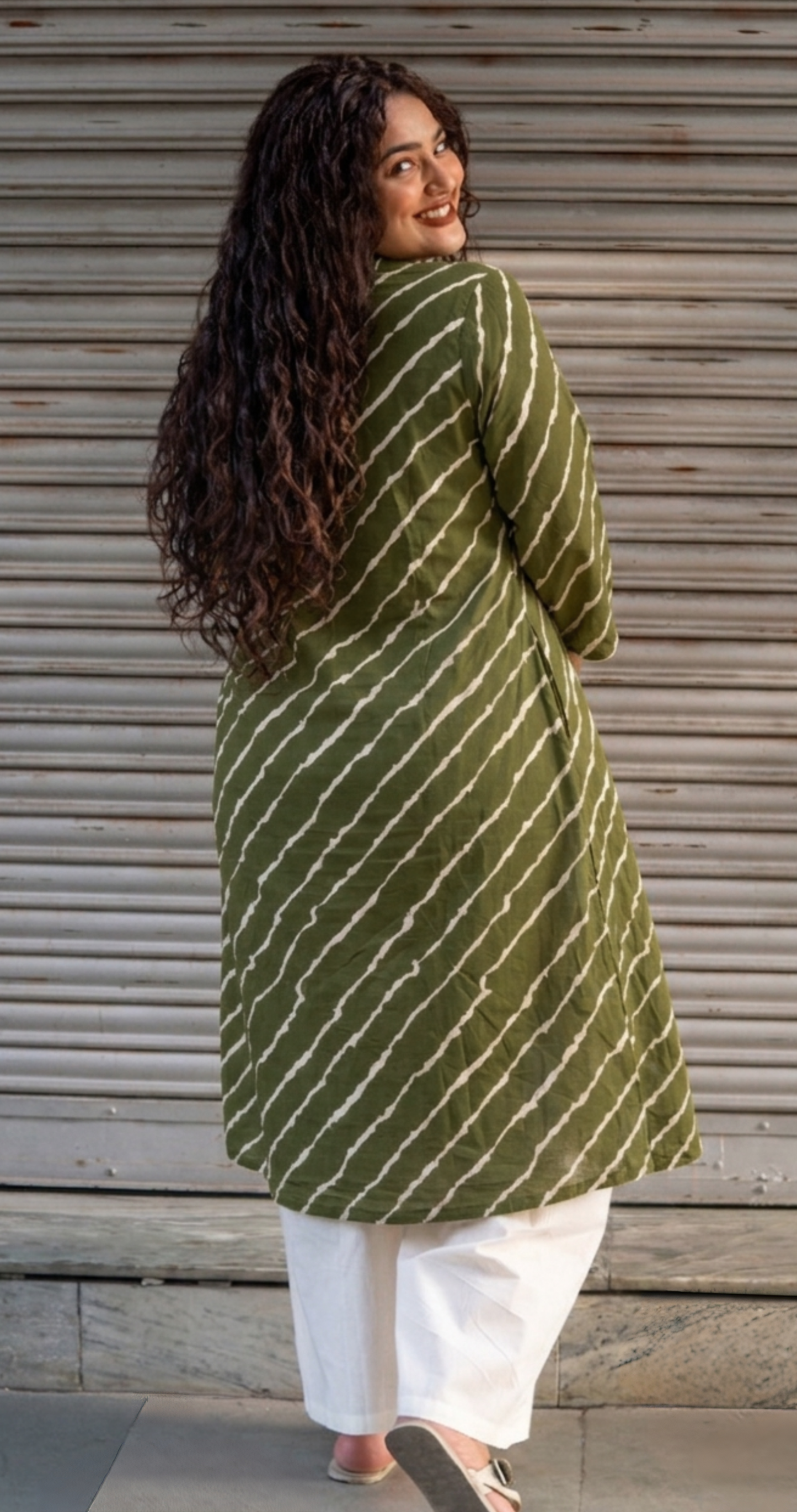 Olive Lehariya A-Line Kurta
