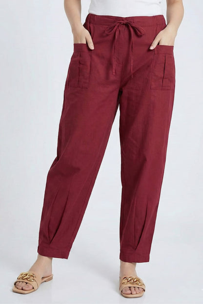 Mehroon LooseFit Pleat Cotton Pants