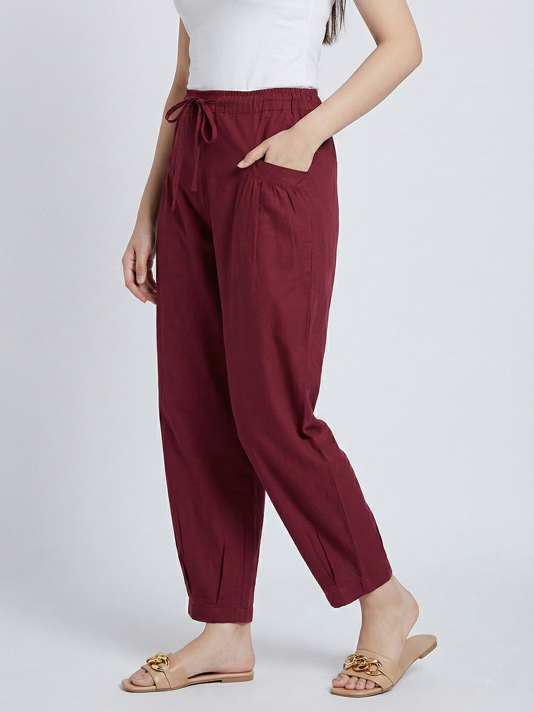 Mehroon LooseFit Pleat Cotton Pants