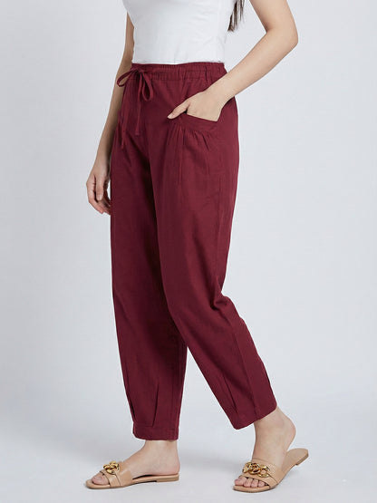 Mehroon LooseFit Pleat Cotton Pants