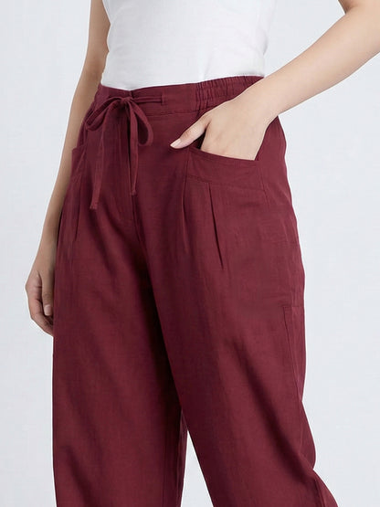 Mehroon LooseFit Pleat Cotton Pants