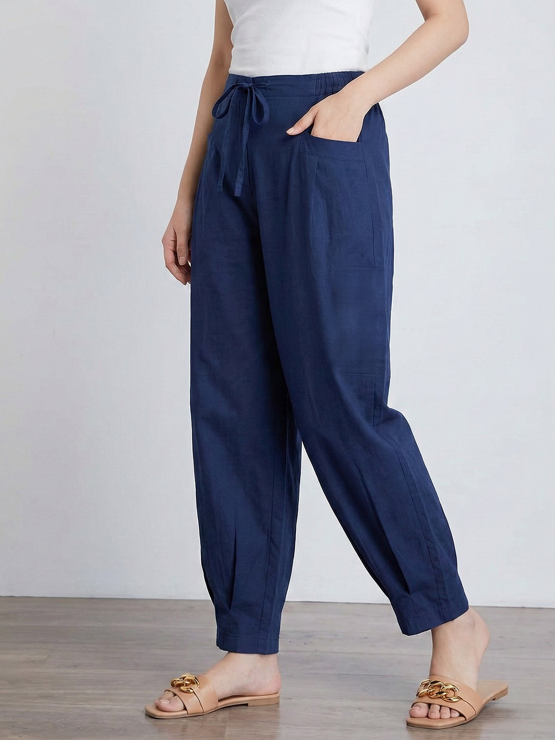 Navy LooseFit Pleat Cotton Pants