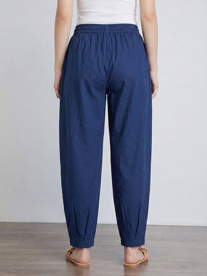 Navy LooseFit Pleat Cotton Pants
