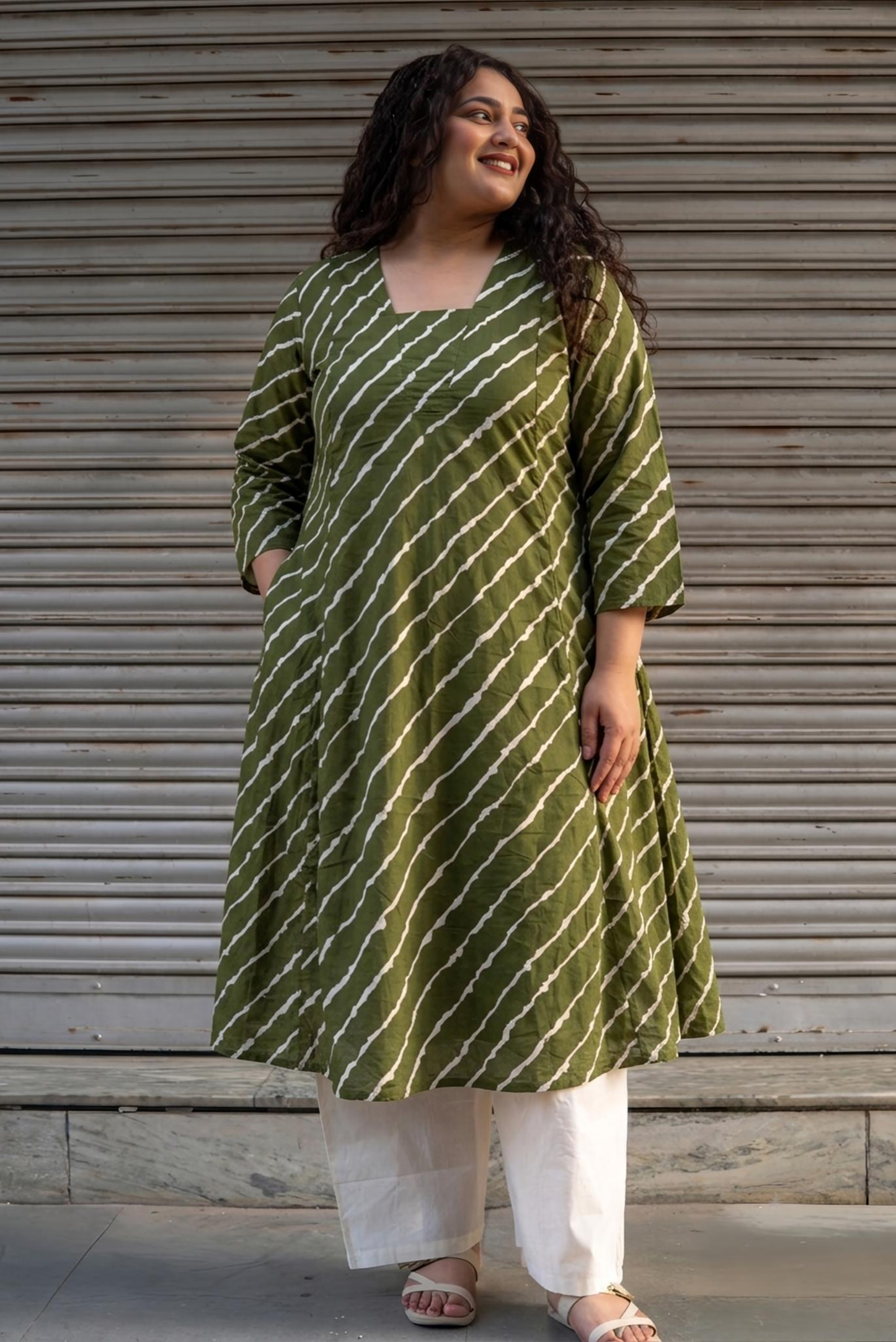 Olive Lehariya A-Line Kurta
