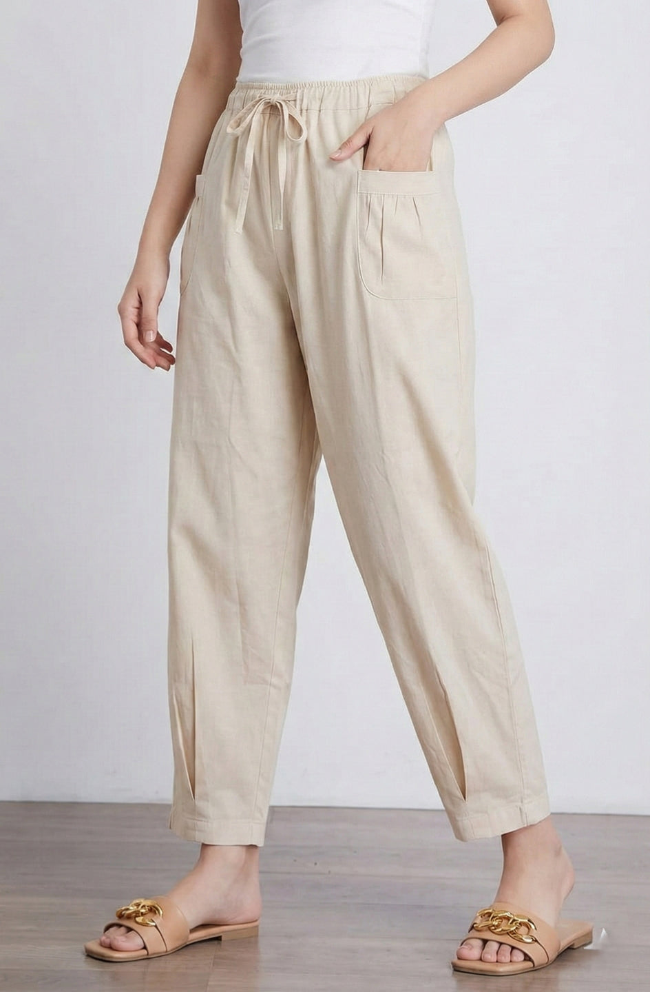 Champagne LooseFit Pleat Cotton Pants