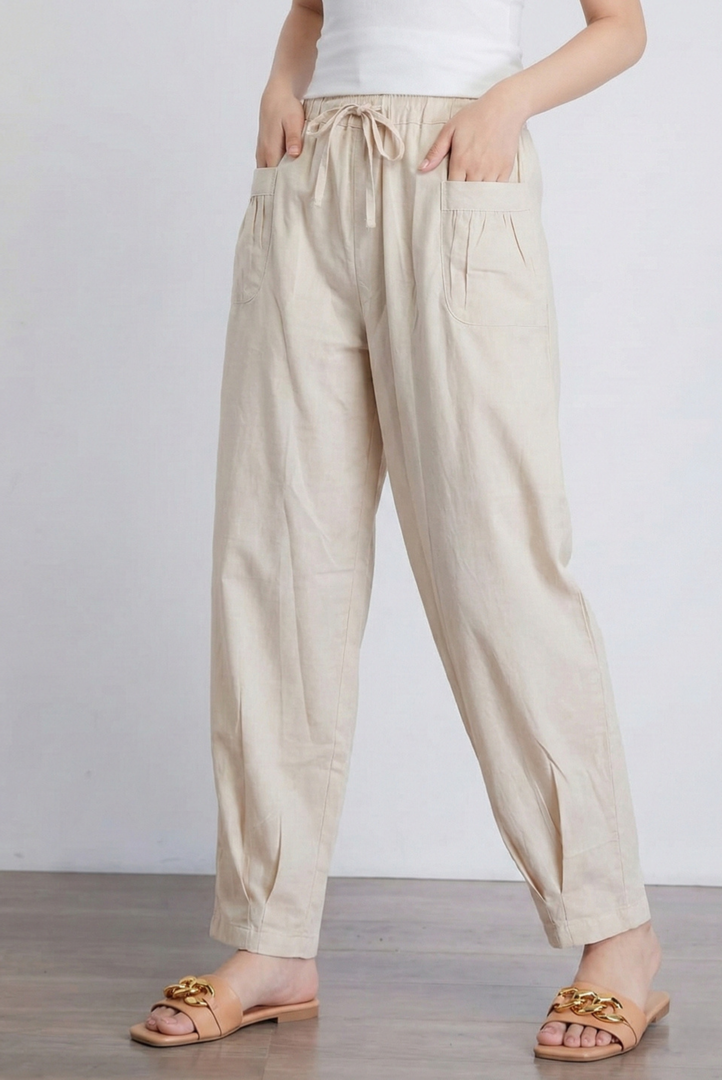 Champagne LooseFit Pleat Cotton Pants