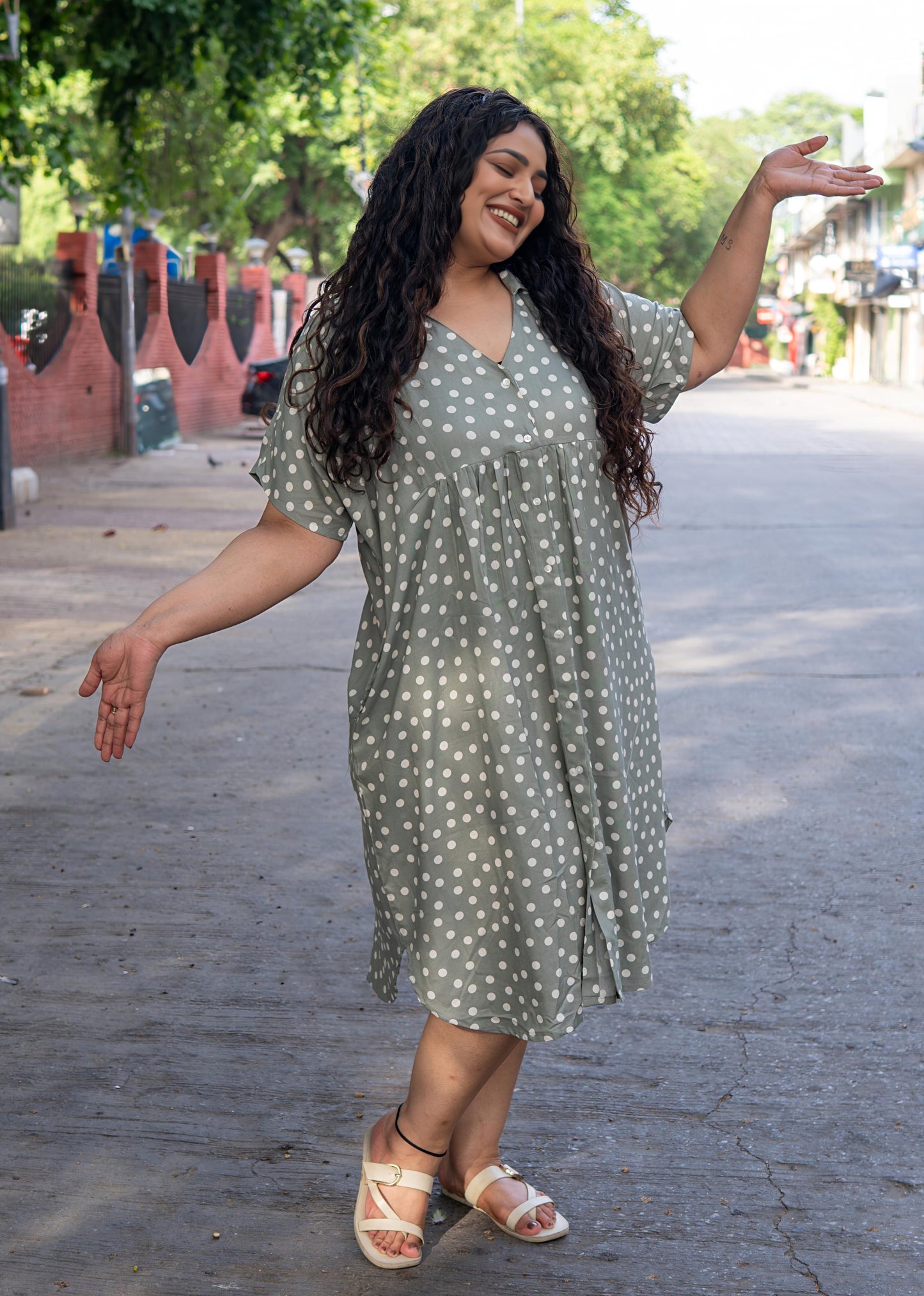 Sage Polka Collar Dress