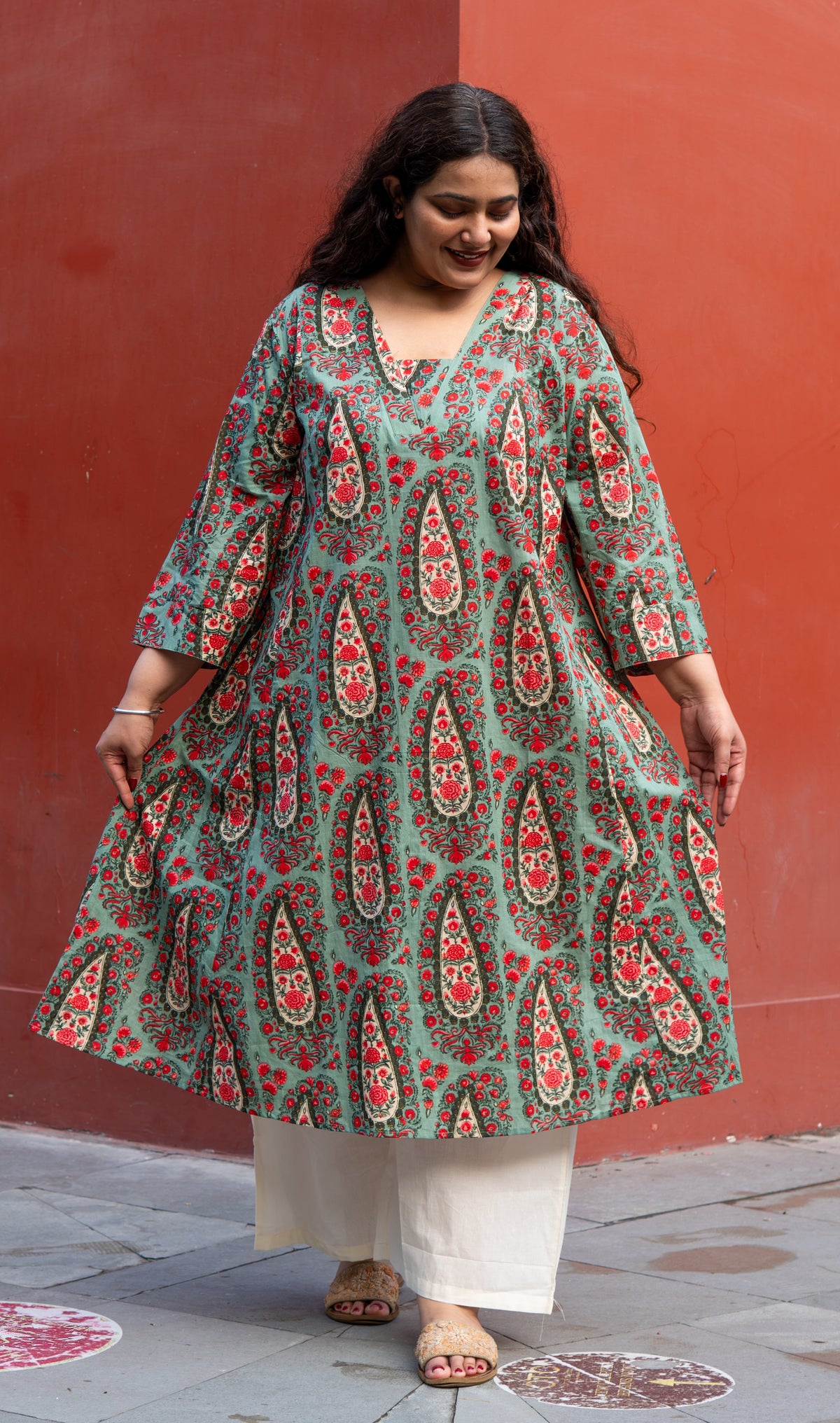 Sage Green Floral A-Line Kurta