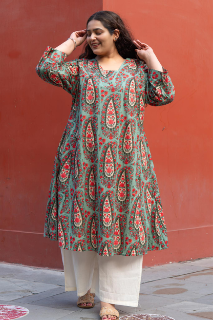 Sage Green Floral A-Line Kurta
