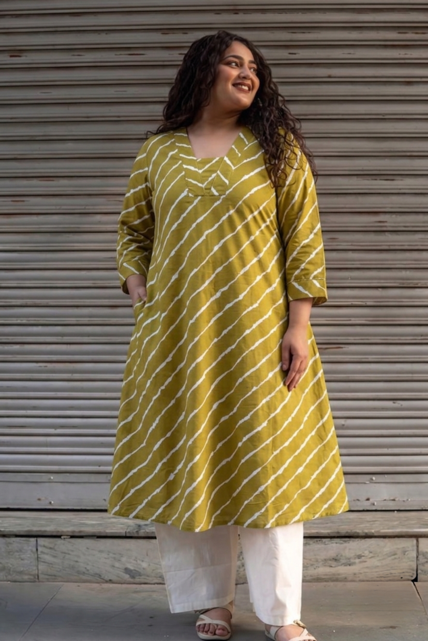 Golden Leheriya A-Line Kurta