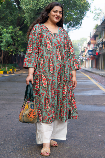 Sage Green Floral A-Line Kurta